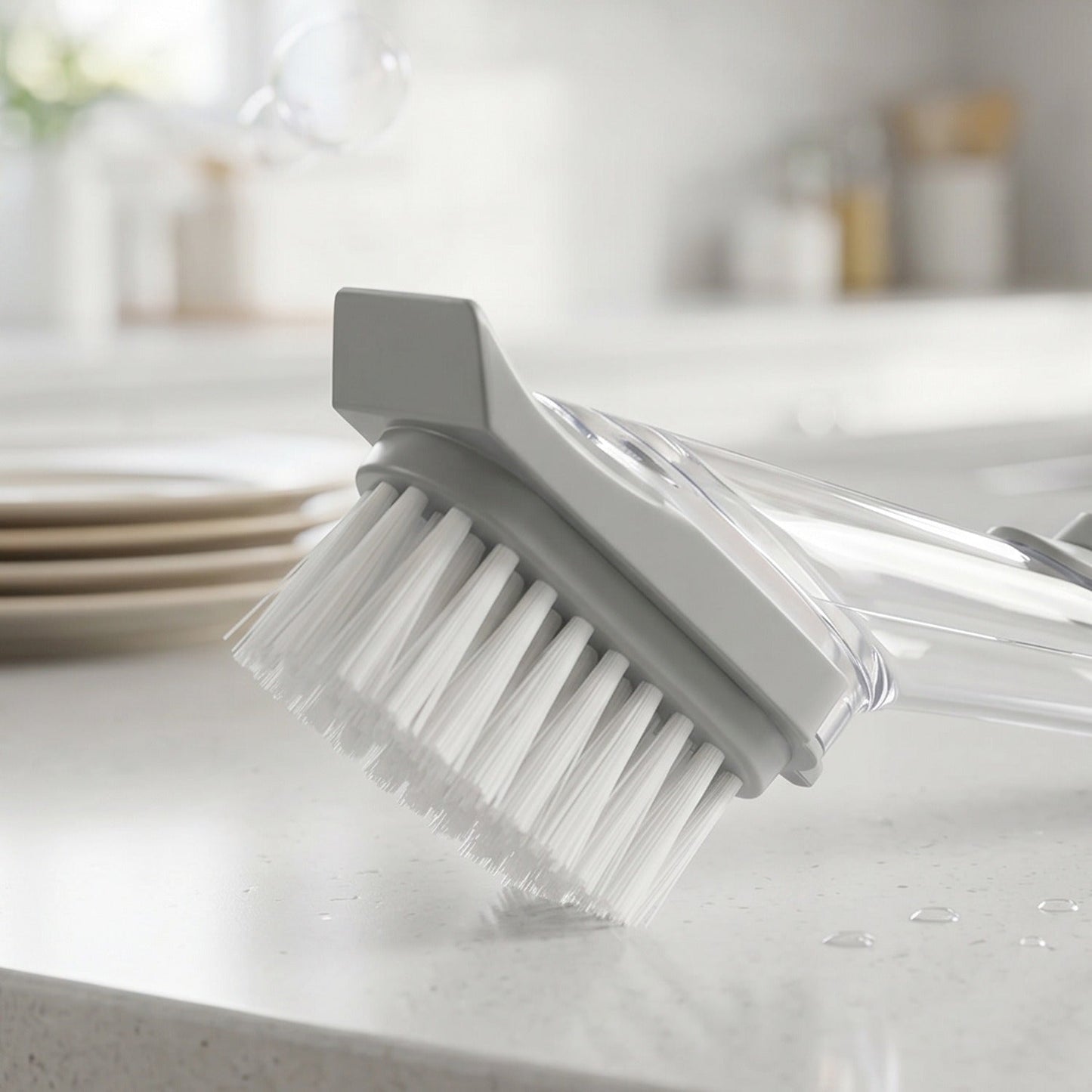 Close-up of the tough bristles on the dish scrub brush