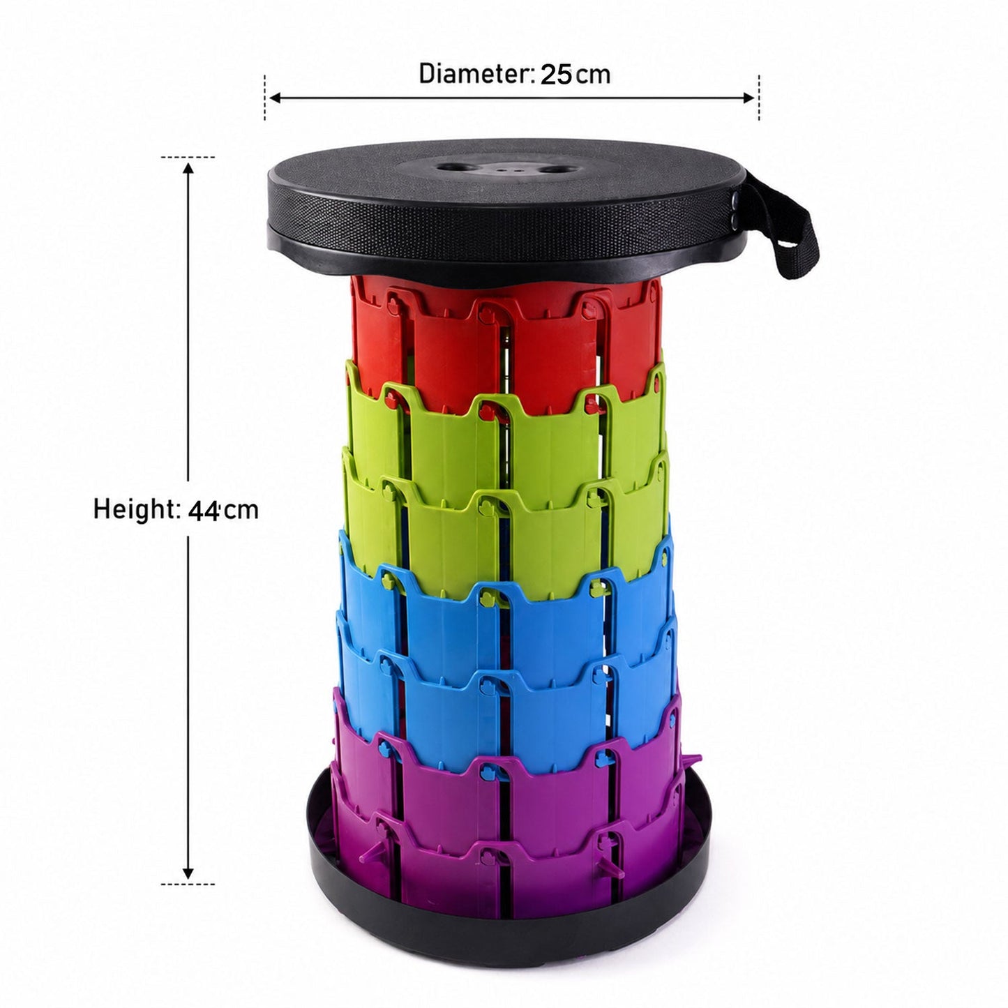 Size guide with dimensions for the portable folding stool