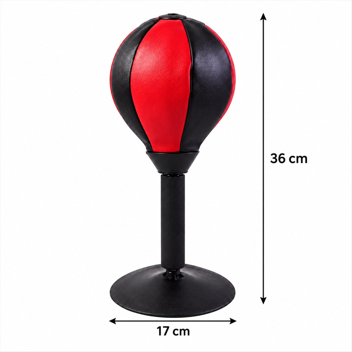 A red and black desktop punching ball with a black base, displaying dimensions of 36 cm height and 17 cm width.