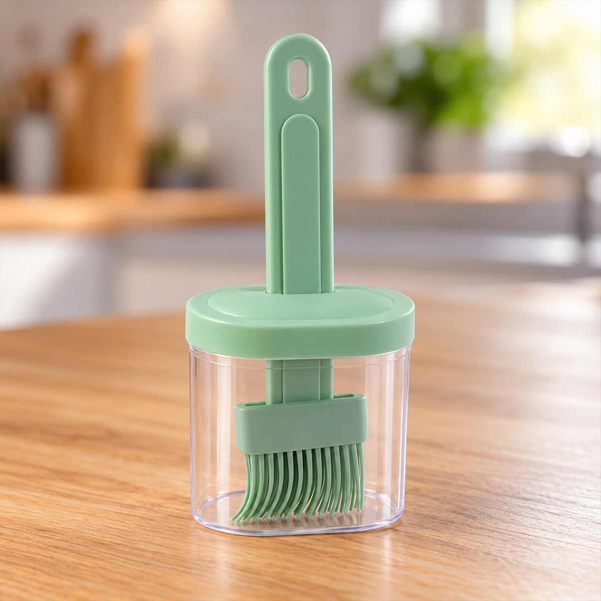 A green silicone basting brush with its handle extending from a green lid, resting in a clear container on a wooden surface.
