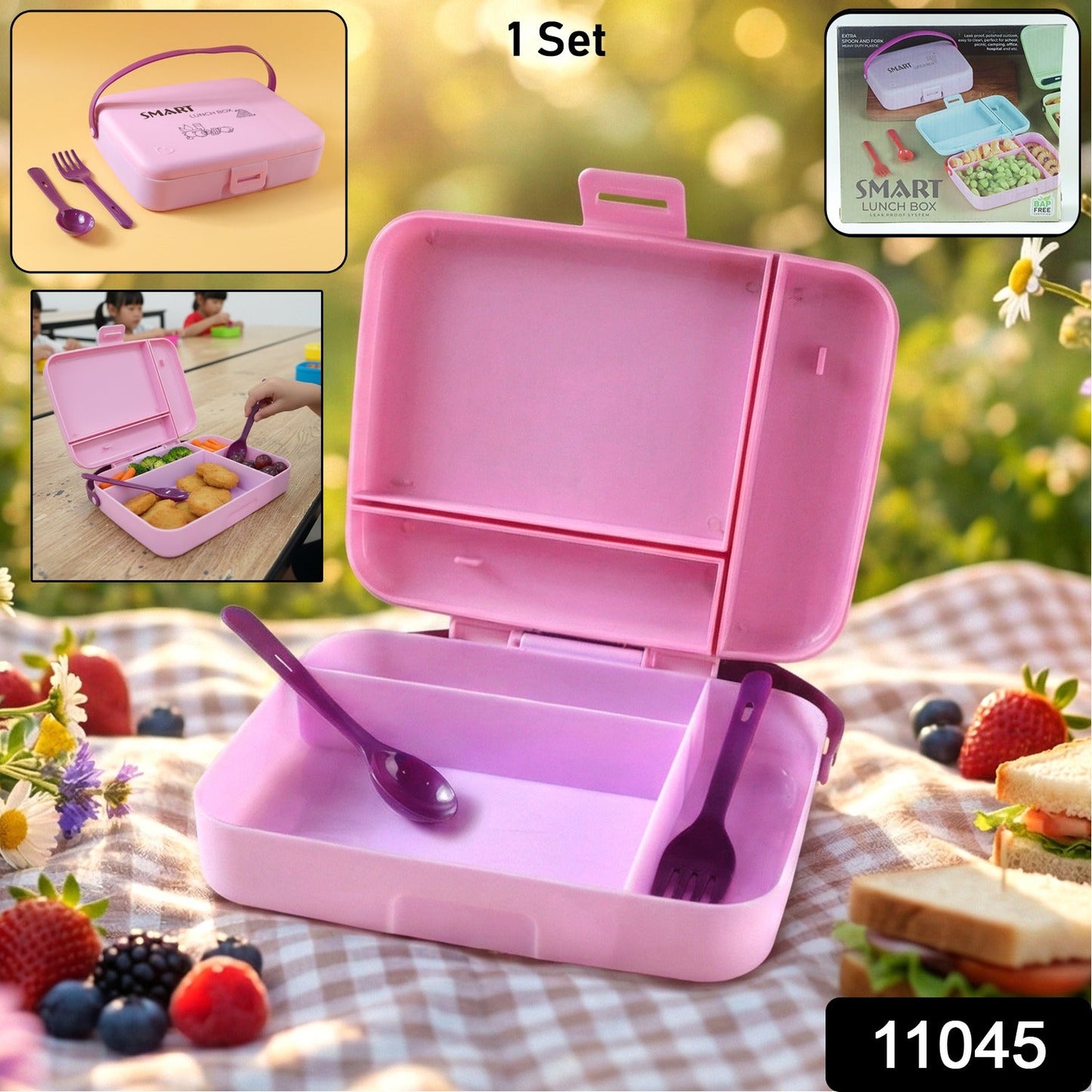 Smart Leak Proof Lunch Box with 3 Compartments and Spoon Set (1 Set)