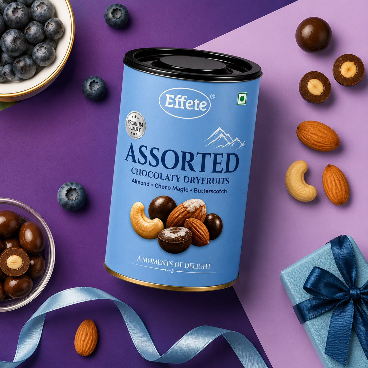 Effete assorted chocolaty dryfruits tin with a focus on the brand name.