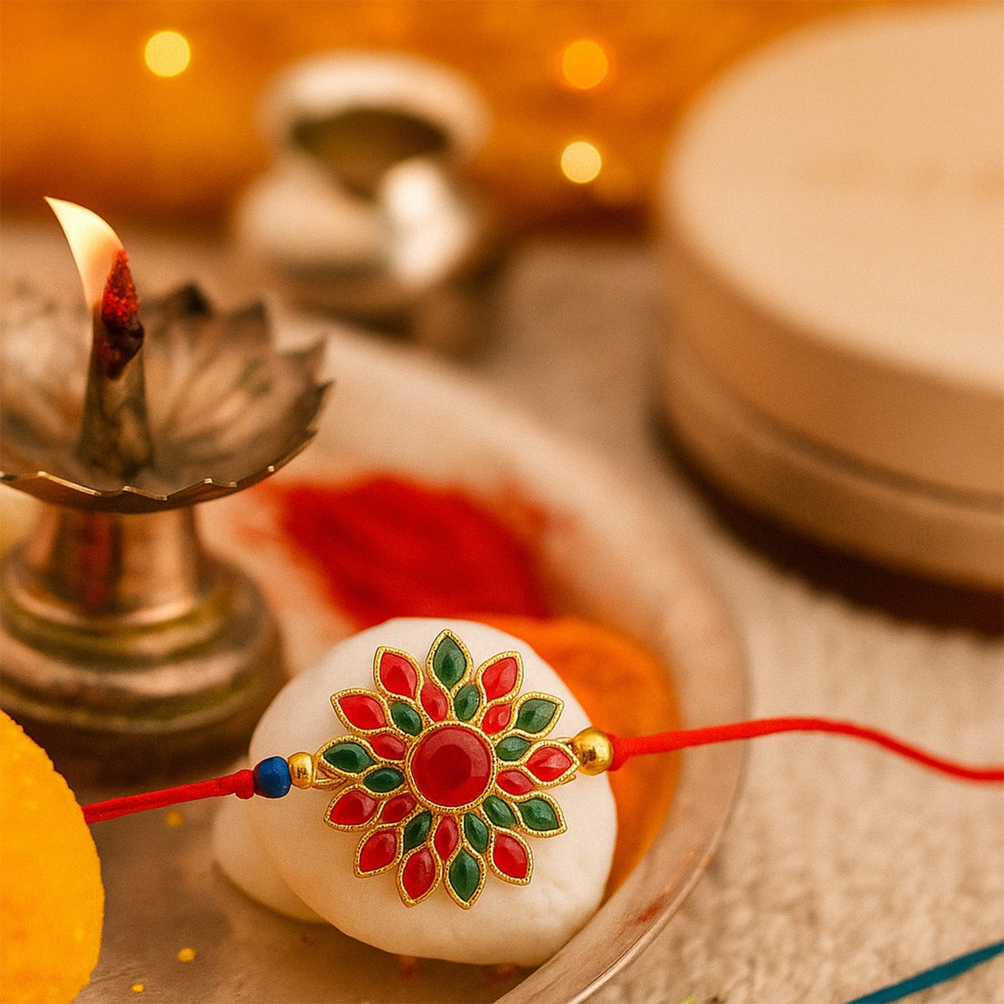 Close-up view of red green stone flower design Rakhi with thread