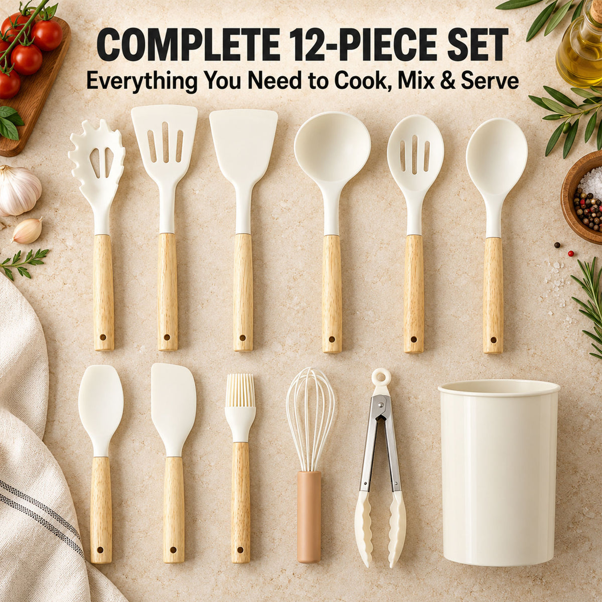 Silicone Kitchen Utensil Set with Wooden Handles and Storage Holder (12 Pc)