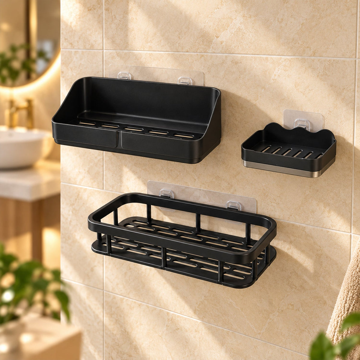 Three black plastic bathroom organizers, including a corner caddy, are mounted on a light brown tiled wall.