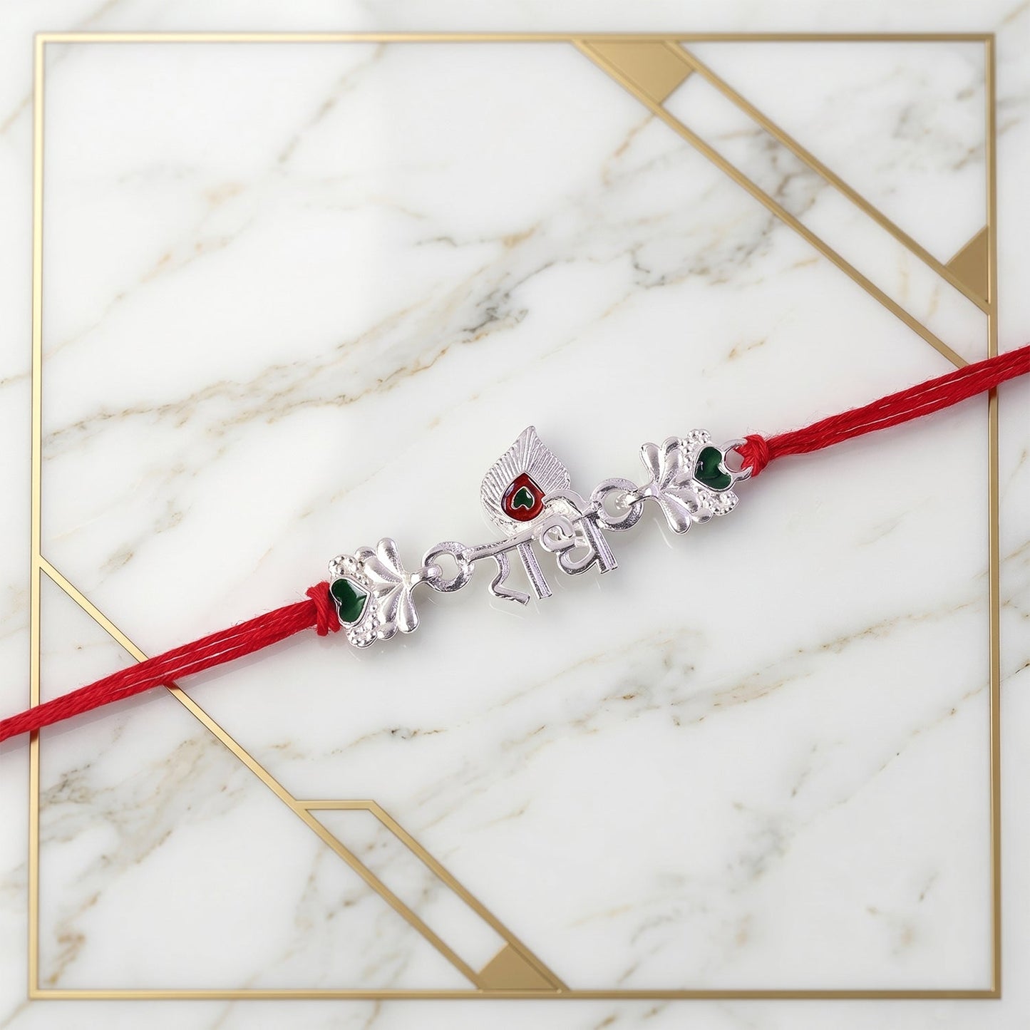 Full view of Silver Radhe Morpich Rakhi with green stones