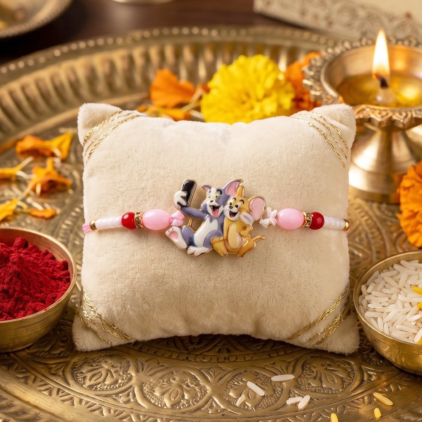 Soft thread and decorative beads on Kids cartoon Rakhi