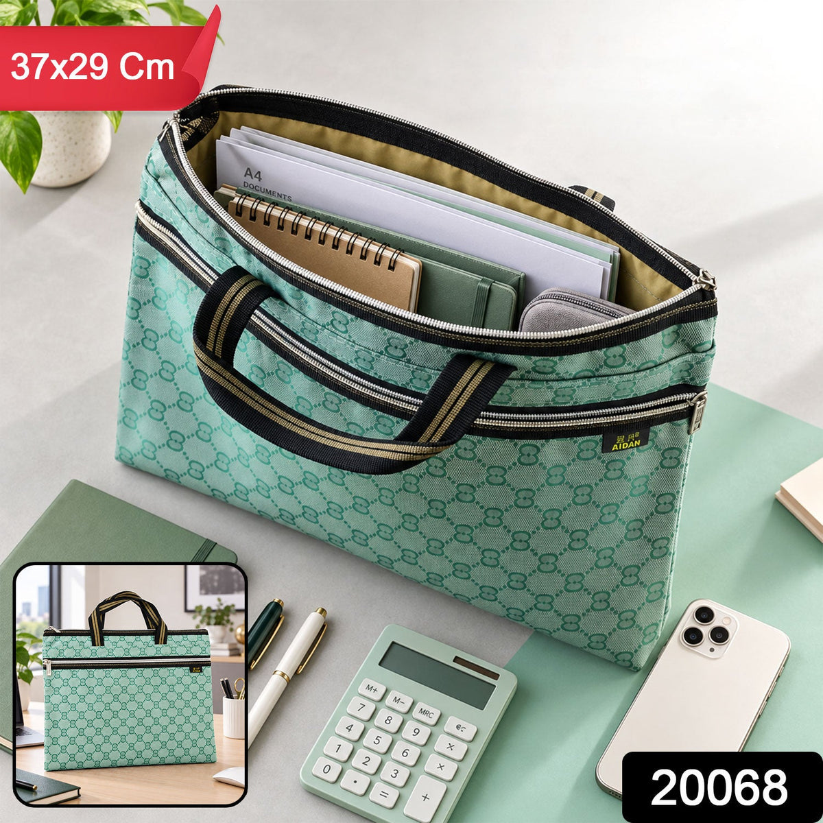 A green patterned document bag with an open top, holding various papers and notebooks, on a desk with a phone and calculator.