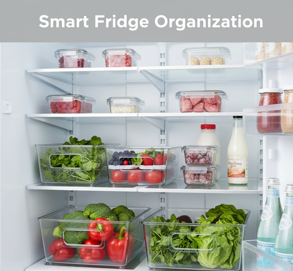 Plastic Refrigerator Organizer Bins, 1 Stackable Fridge Organizers with Handle, Clear Organizing Food Fruit Vegetables Pantry Storage Bins for Freezer kitchen Cabinet Organization and Storage (1 Pc Mix Color)