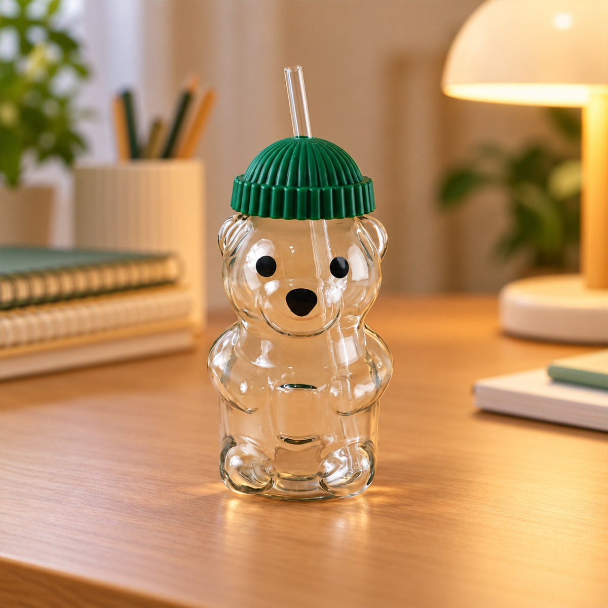 Bear glass water bottle white bg