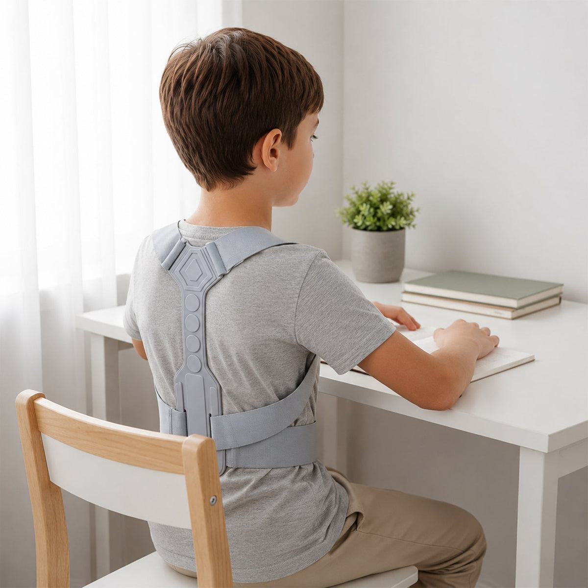 Young boy with brown hair wearing a grey posture corrector while sitting at a white desk with books and a plant.