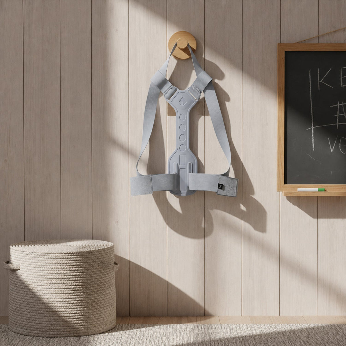 A grey posture corrector hanging on a wooden hook on a light wood-paneled wall next to a woven basket and a chalkboard.