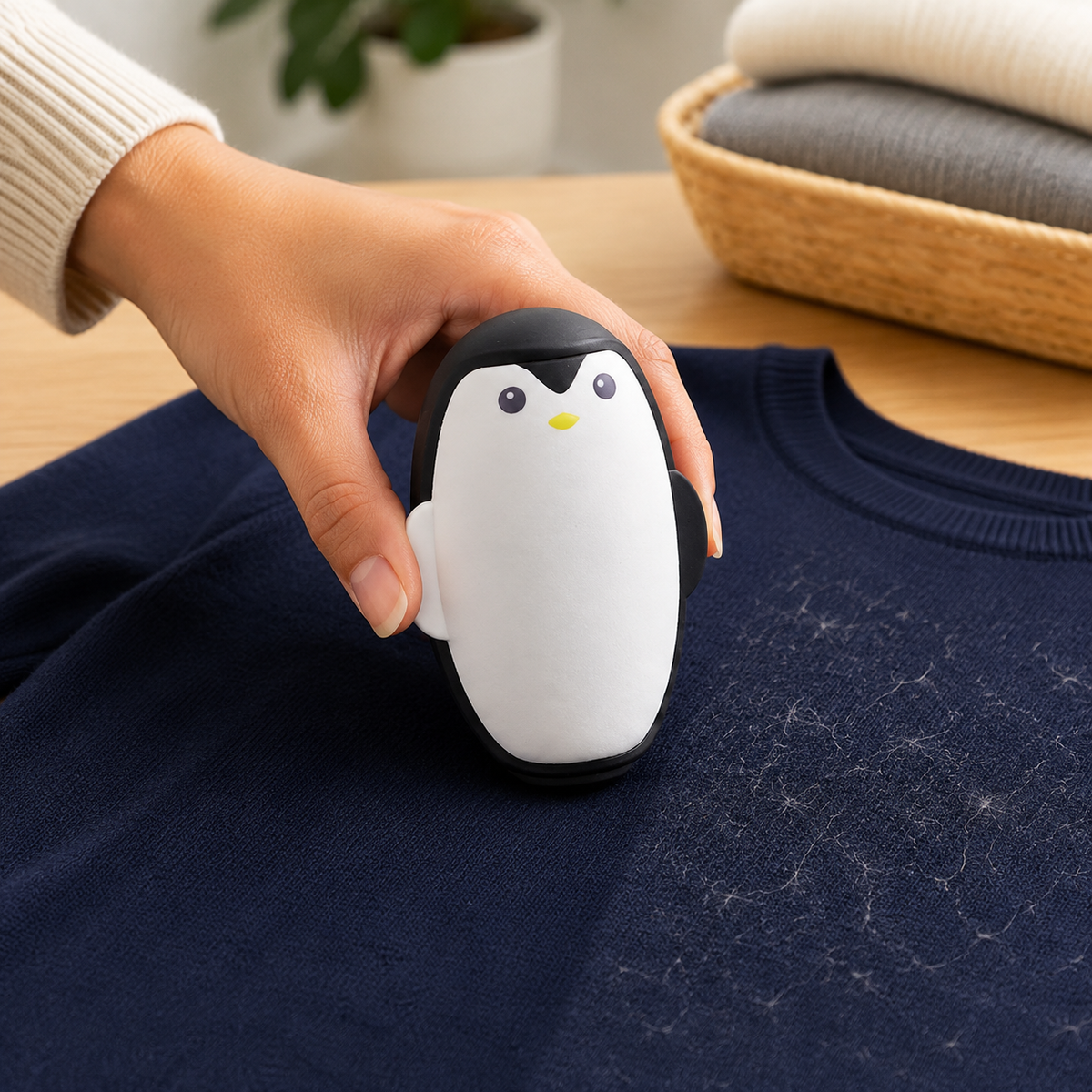A hand uses a black and white penguin lint roller on a navy blue sweater covered in white lint.