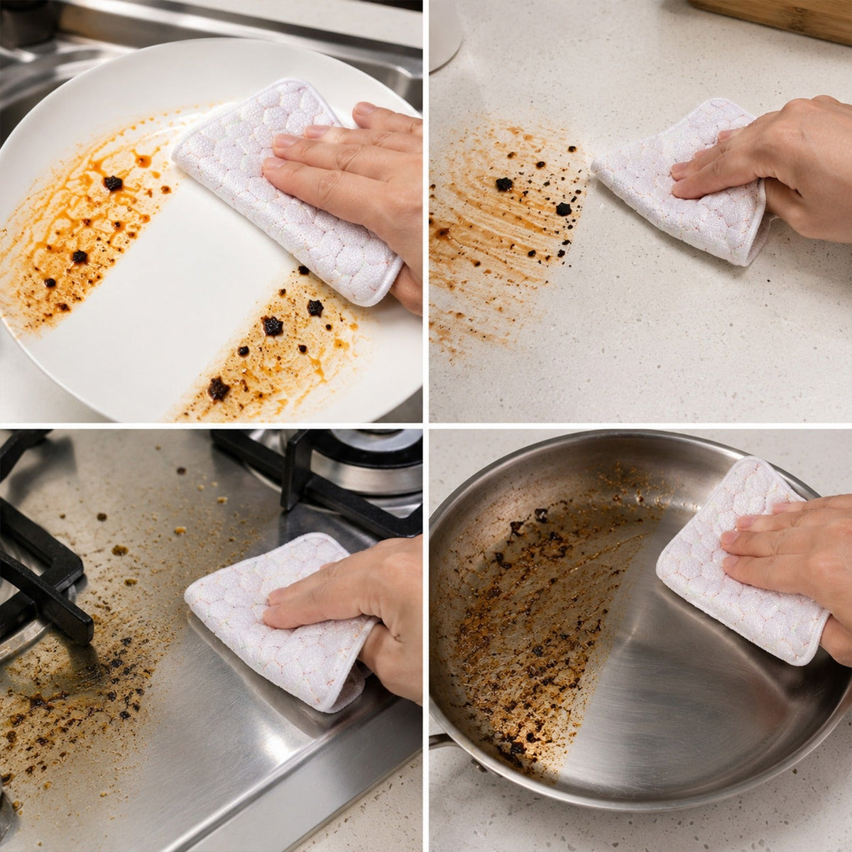 Four-panel image showing the white honeycomb cloth cleaning a dirty plate, countertop, stovetop, and pan.