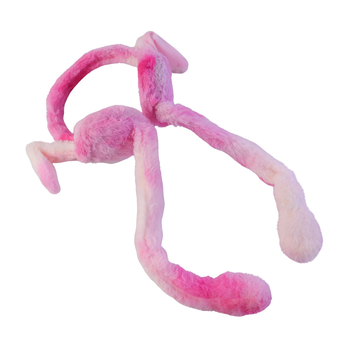 A pair of pink and white plush bunny earmuffs with long tails, without lights, against a white background.
