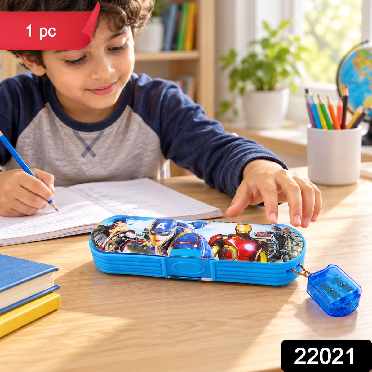 Plastic printed stationery pencil box with attached sharpener 22021