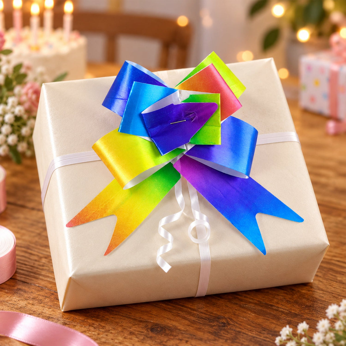 Colourful rainbow pull bow ribbons for gift wrapping five piece set 01