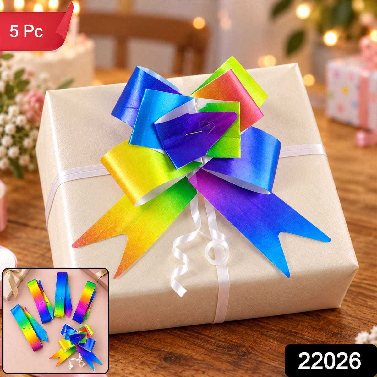 Colourful rainbow pull bow ribbons for gift wrapping five piece set sku