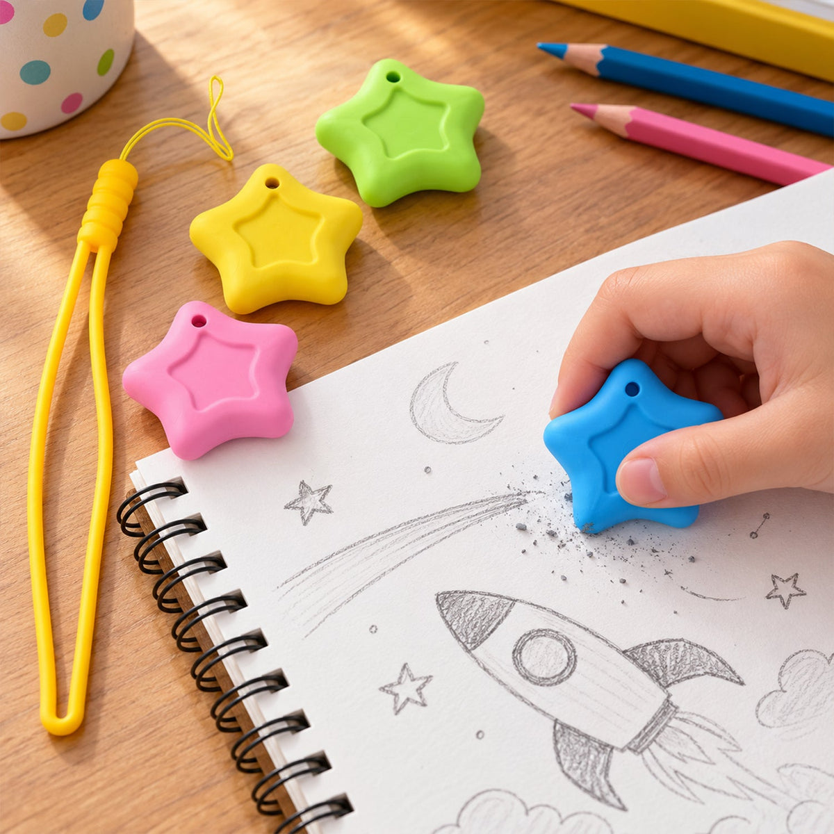 A child's hand uses a blue star eraser to remove a pencil drawing of a rocket from a notebook, with other colored erasers