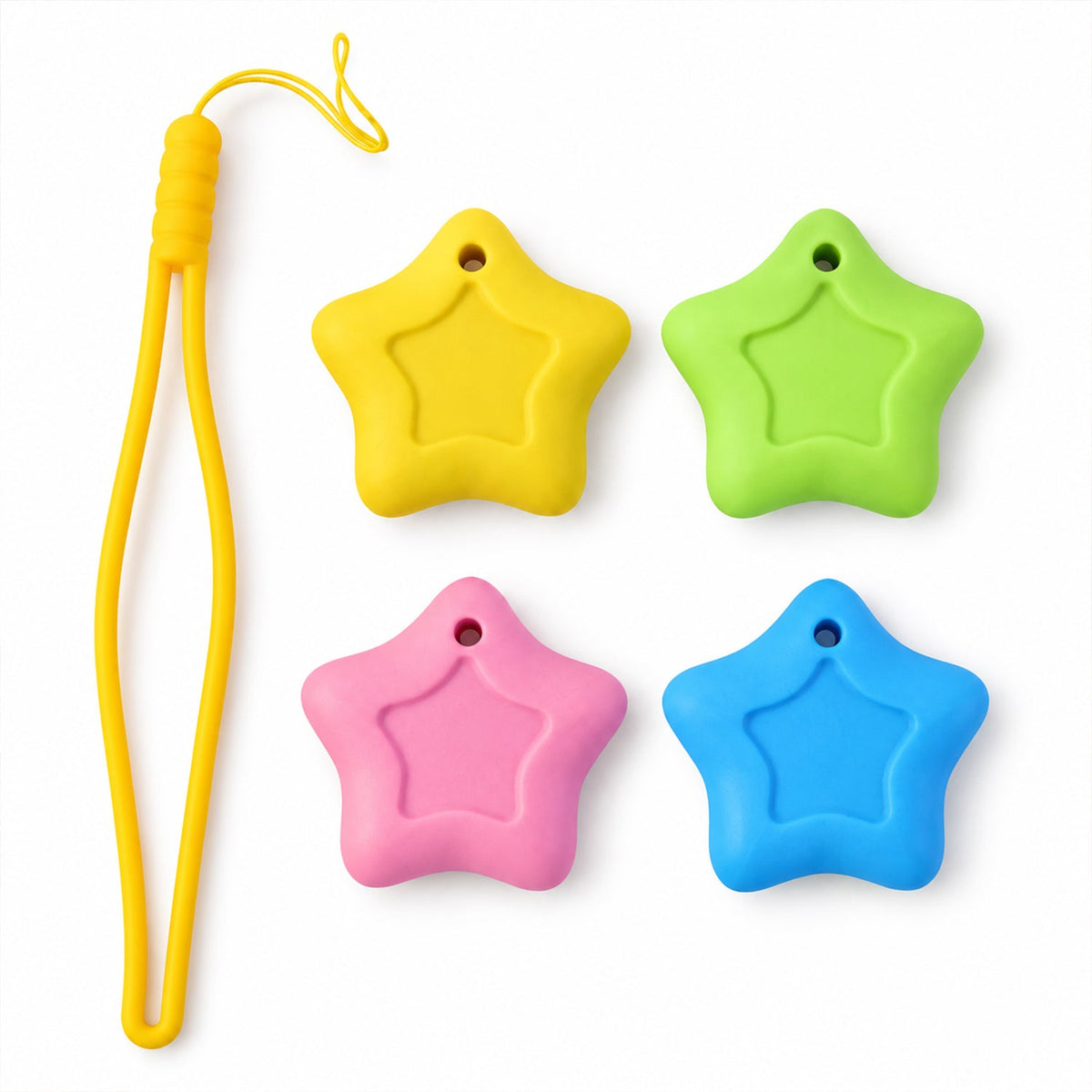 Four star-shaped erasers in yellow, green, pink, and blue are arranged next to a long yellow wrist lanyard on a white