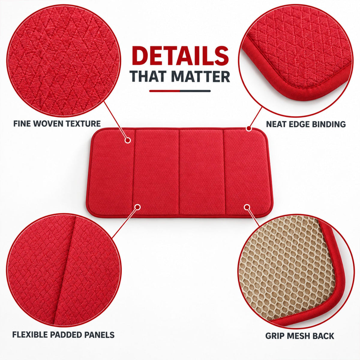 A red rectangular bath mat with four padded sections, surrounded by close-up views of its woven texture, edge binding, and