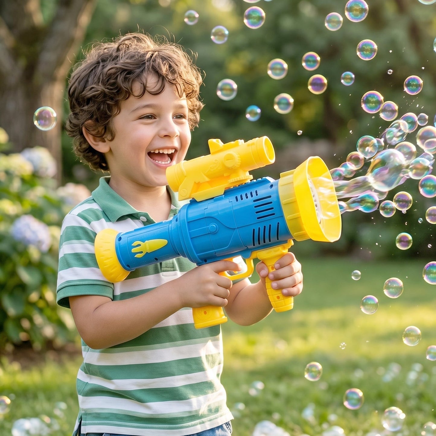 Kids playing with bubble gun outdoors