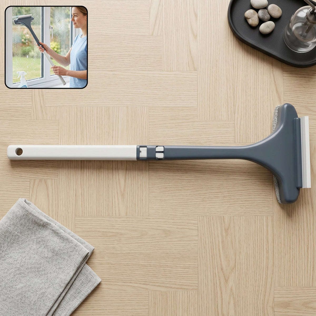 Close-up of 2 in 1 window glass cleaning wiper for streak-free cleaning