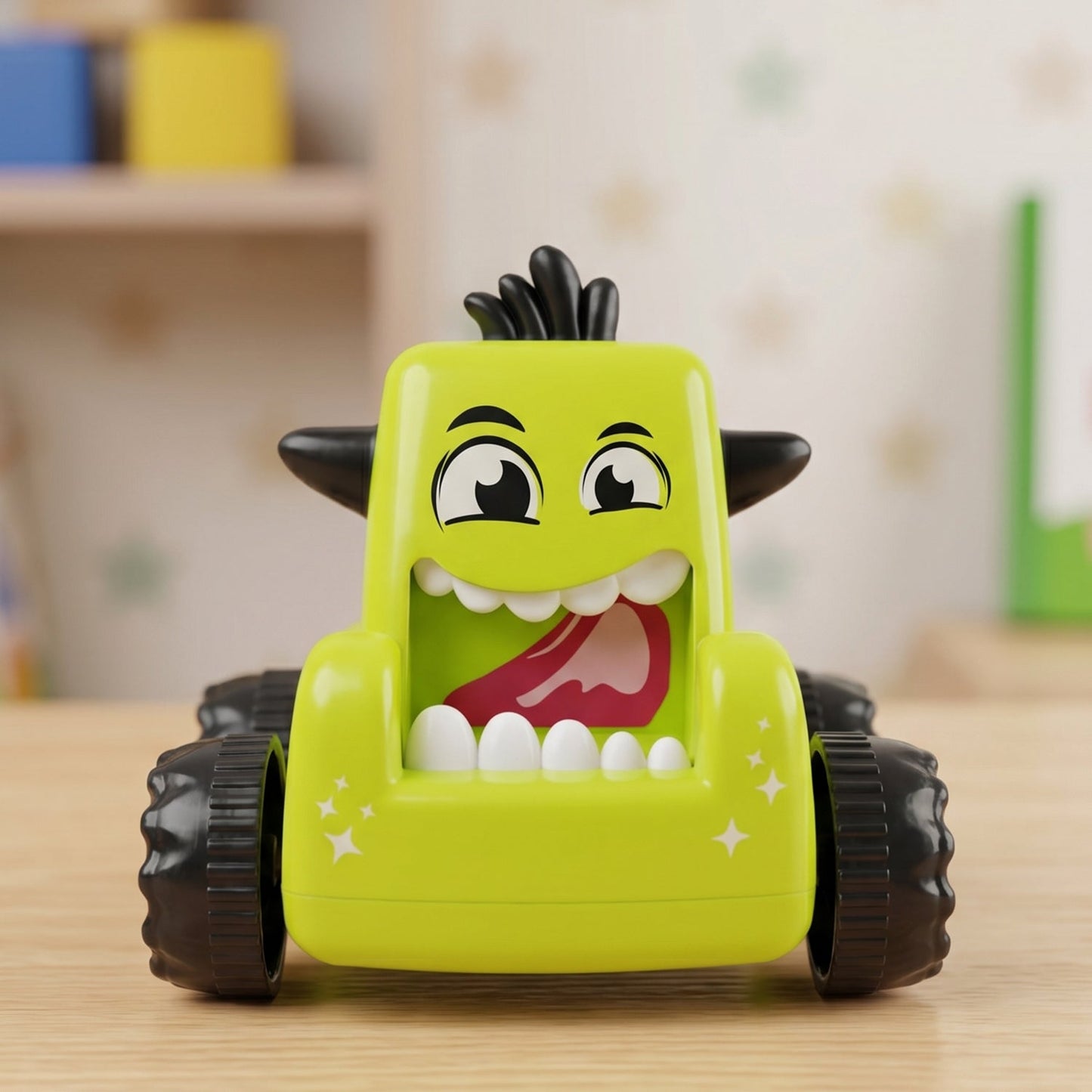 Collection of colorful cartoon monster push back car toys