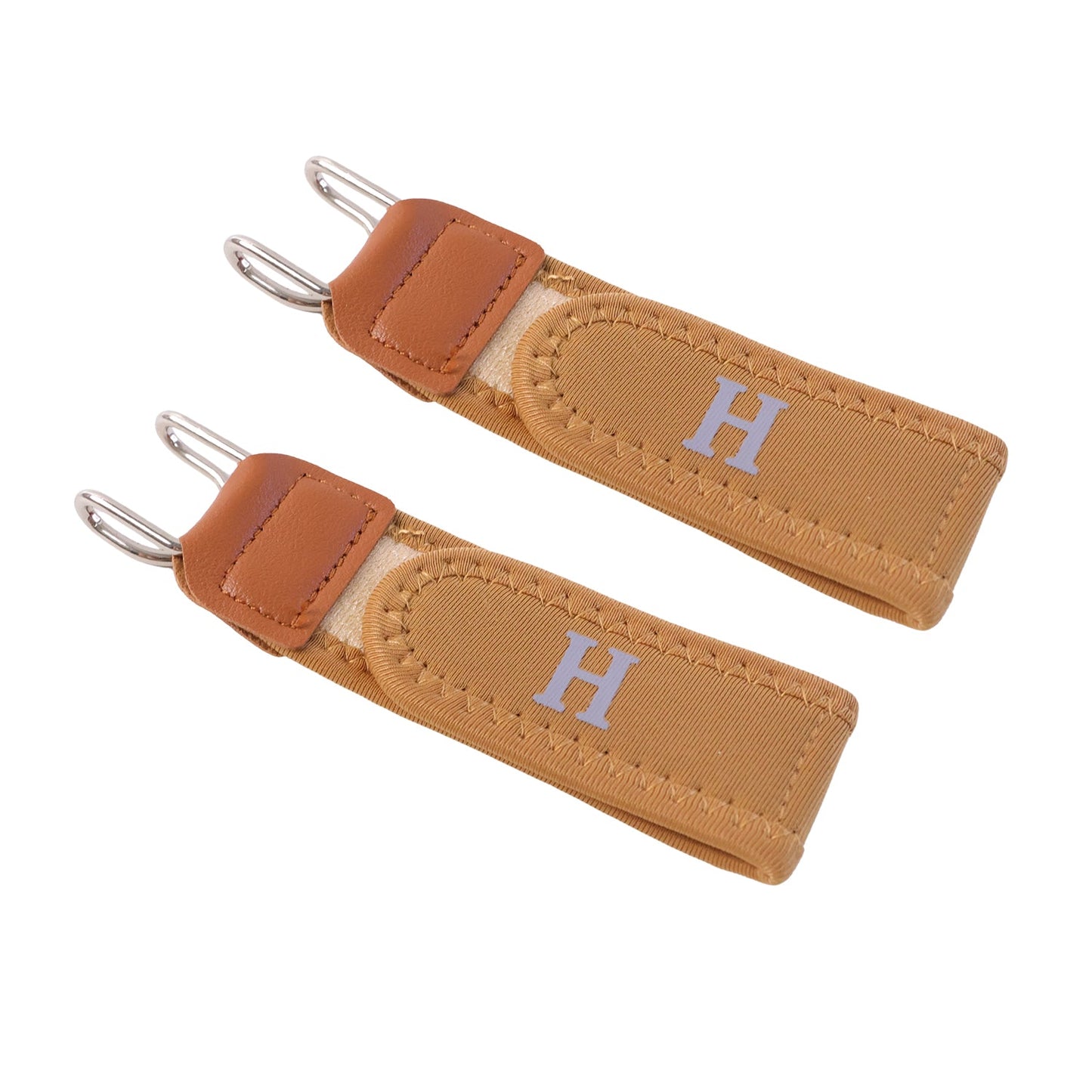 Two tan elastic belt hooks with brown faux leather accents and silver-colored metal hooks, against a white background.