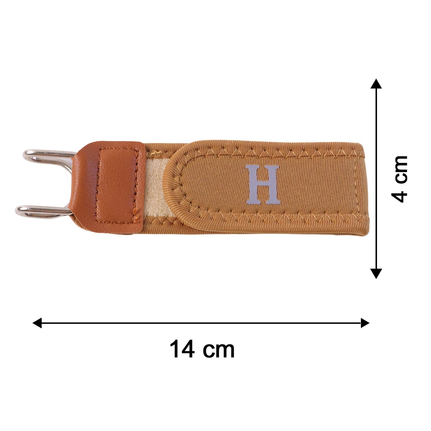 A single tan elastic belt hook with brown faux leather and silver-colored metal, with dimensions of 14 cm by 4 cm.