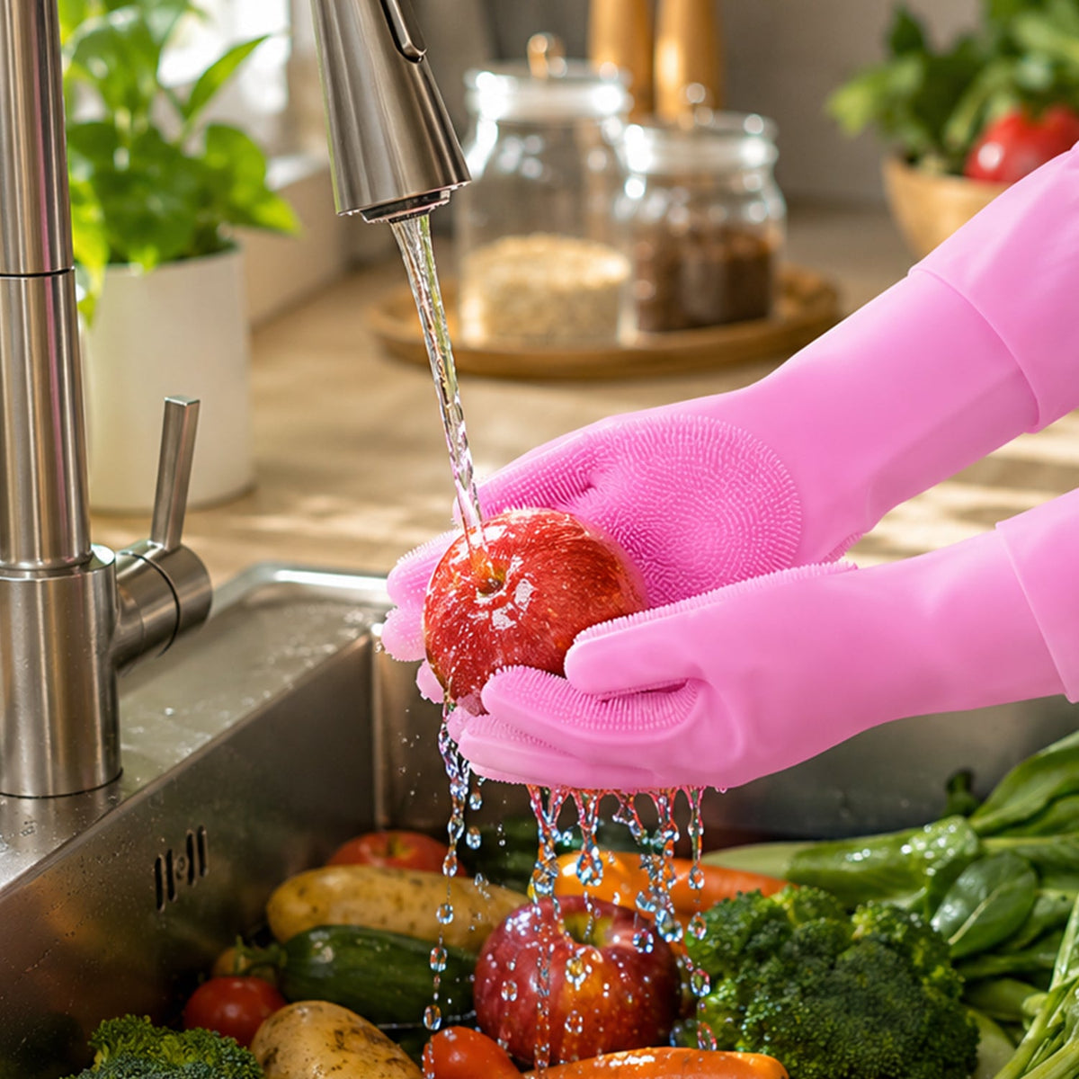 Hands in pink silicone scrubbing gloves rinse a red apple under a faucet, with other vegetables in the sink.
