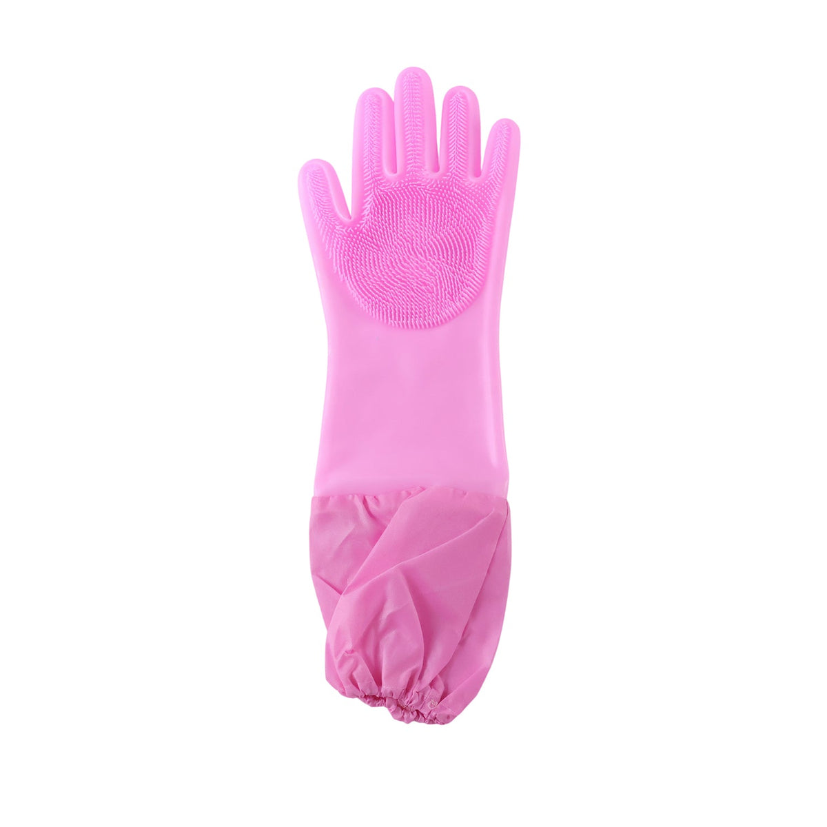 A single pink silicone scrubbing glove with a long, gathered cuff is displayed vertically on a white background.