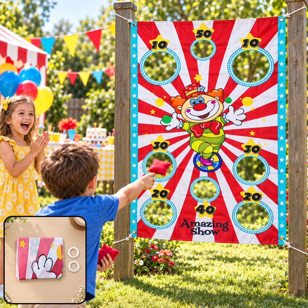 Clown toss game target banner scoring holes