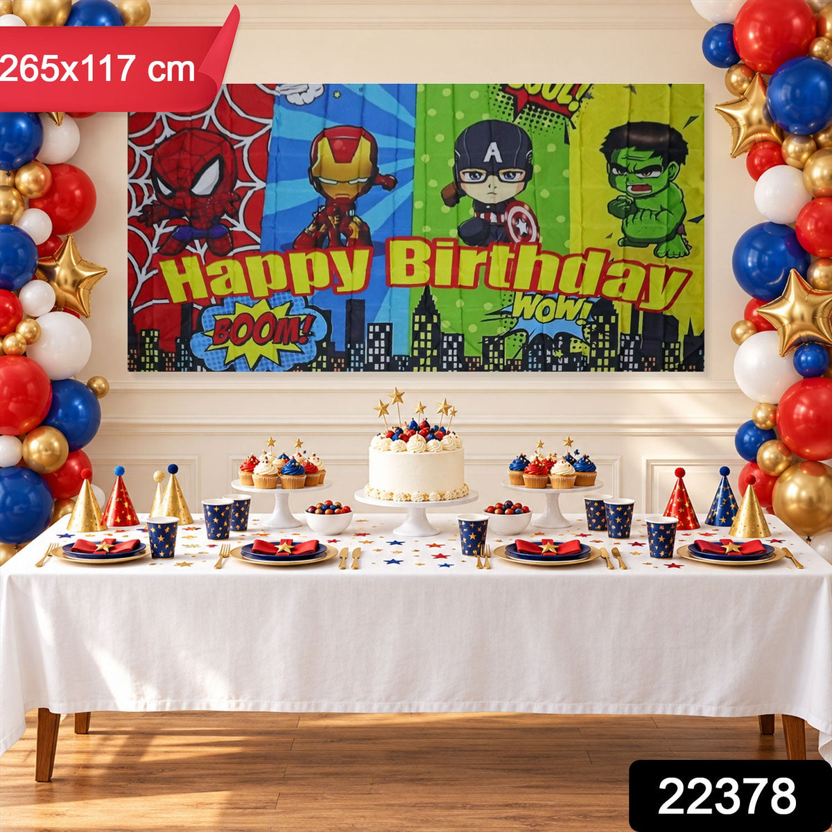 Cartoon superhero birthday backdrop with 265 x 117 cm size label and party table