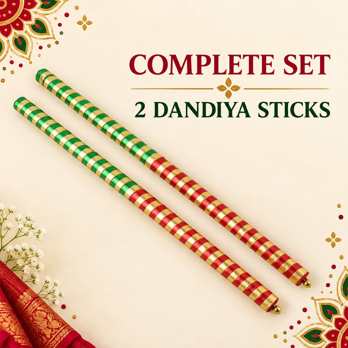 Complete set of 2 decorative wooden Dandiya sticks