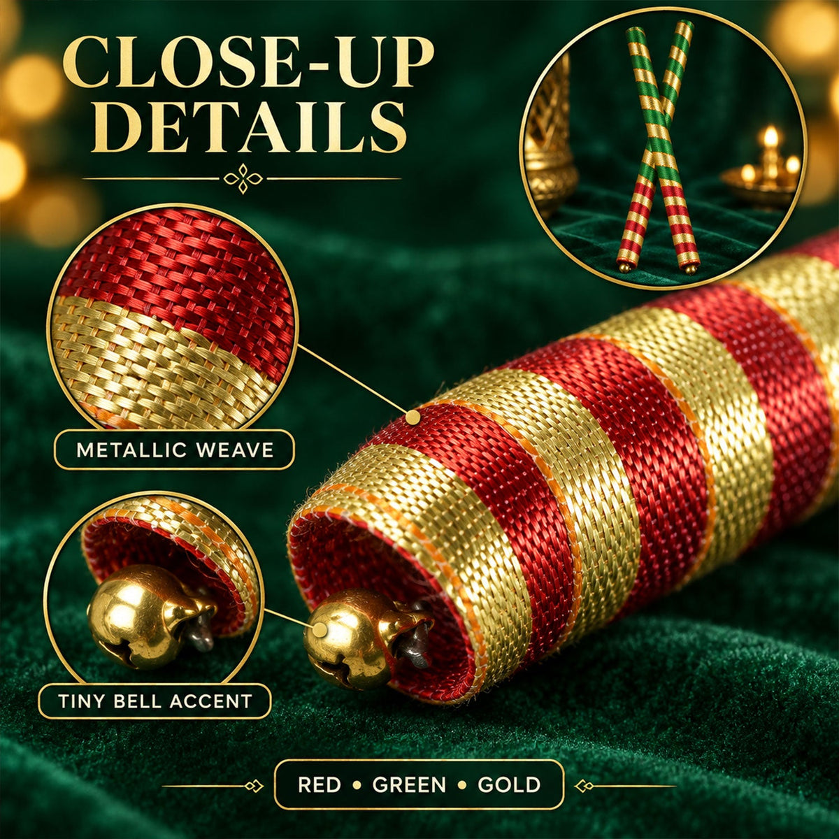 Close-up of metallic ribbon weave and decorative bell accents