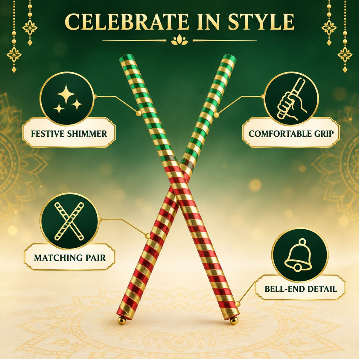 Dandiya sticks with festive shimmer comfortable grip and bell ends