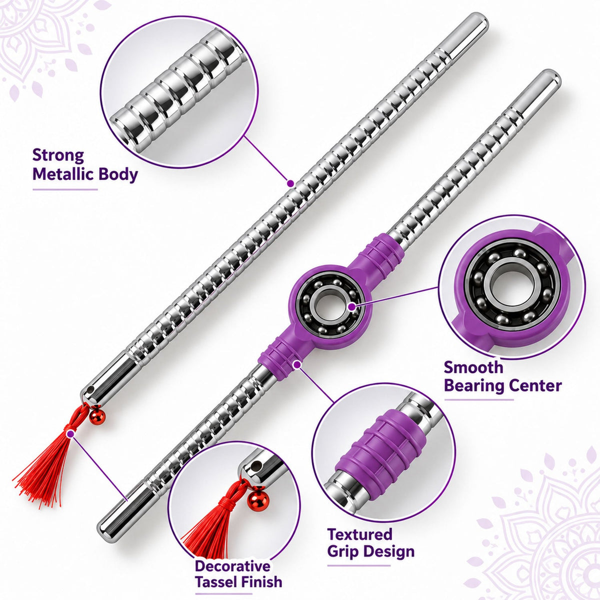 Steel Dandiya stick features bearing center grip and tassel