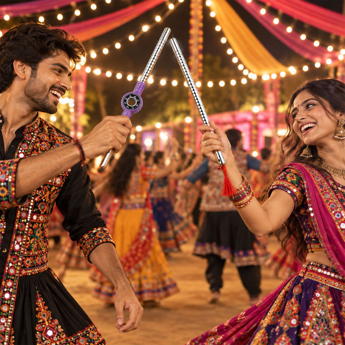People using steel Dandiya sticks for Garba