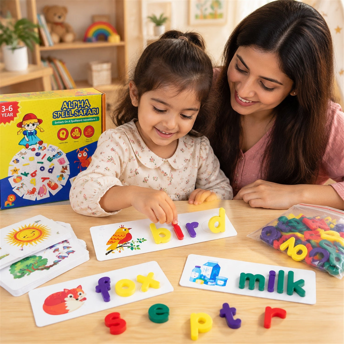 A woman and a young girl smiling while playing with colorful letter pieces on word puzzle cards at a wooden table.