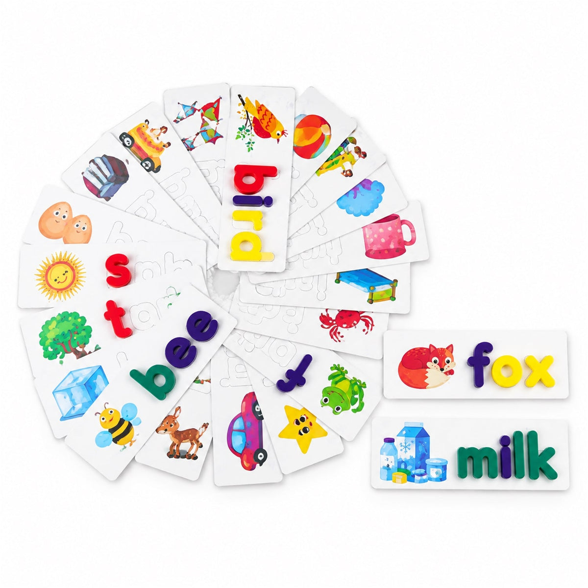 A fanned arrangement of white word puzzle cards with various images and corresponding colorful letter pieces on a white