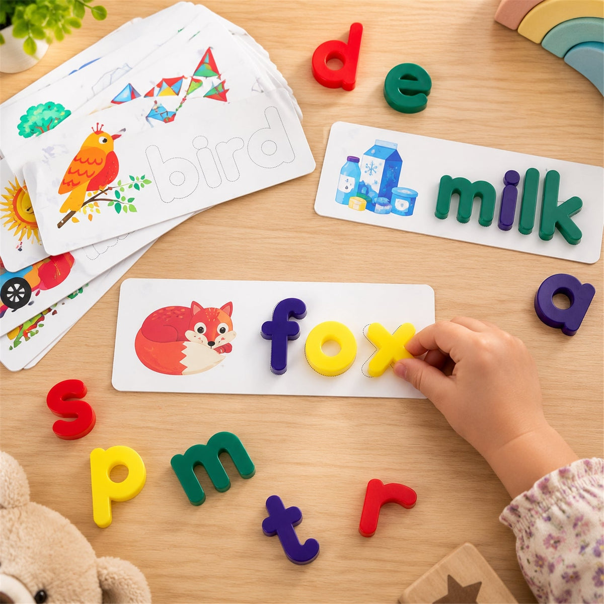 A child's hand places a yellow letter 'x' onto a word puzzle card featuring a fox, surrounded by other colorful letters and