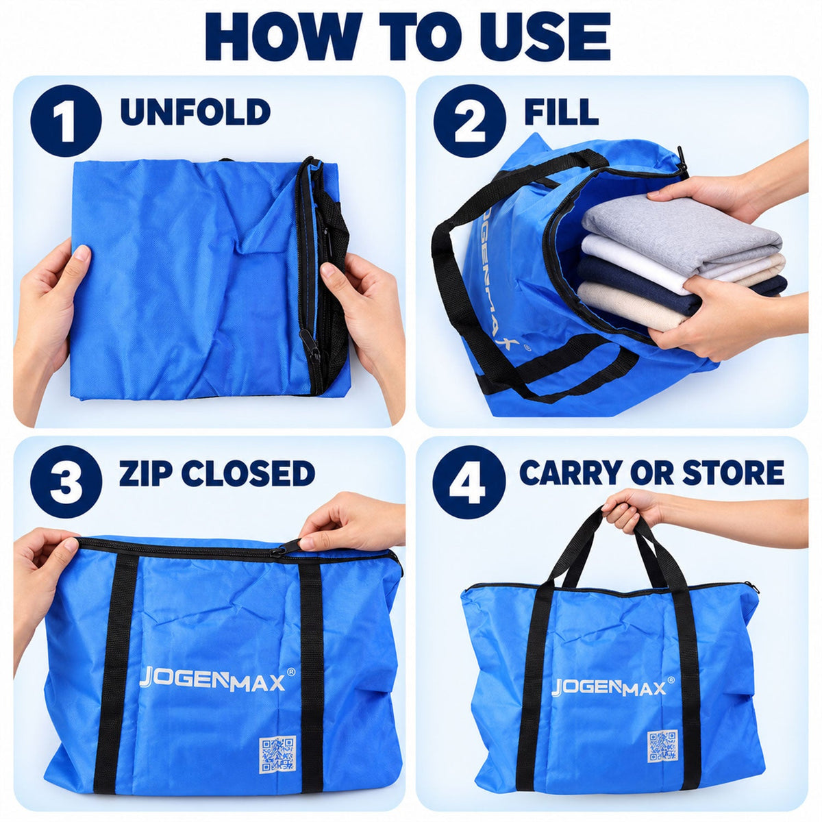 Four step-by-step images show how to unfold, fill, zip, and carry a blue JOGENMAX storage bag.