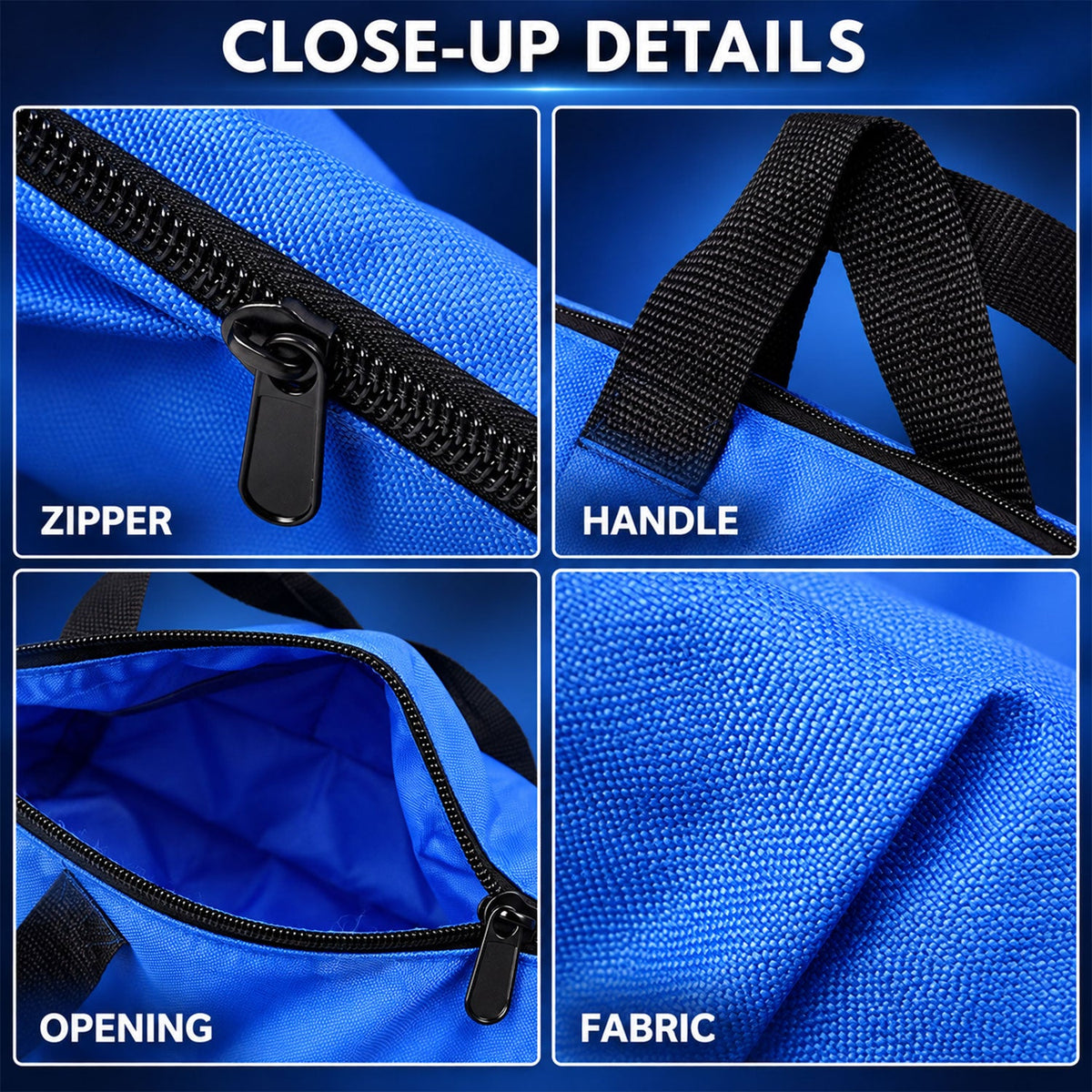Four detailed close-up images show the zipper, black handle, open interior, and woven blue fabric of the storage bag.