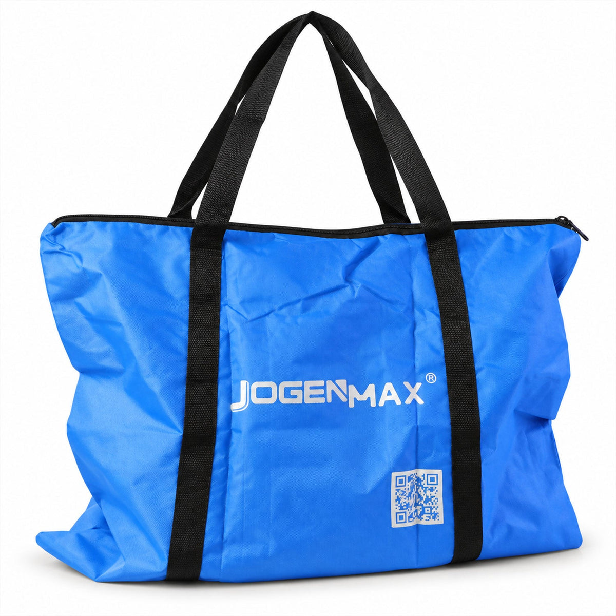 A large blue JOGENMAX storage bag with black handles and a black zipper closure is displayed against a white background.