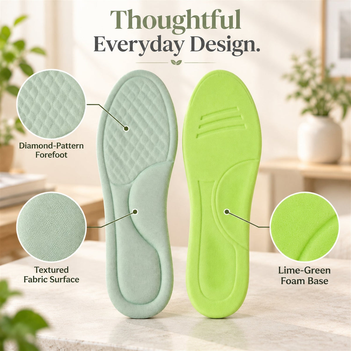 Two insoles, one light green with textured fabric and diamond pattern, the other lime green foam base, with descriptive