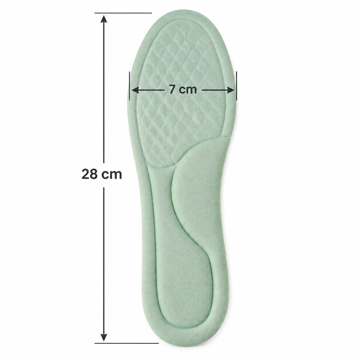 A single light green shoe insole with dimensions of 28 cm length and 7 cm width marked on a white background.