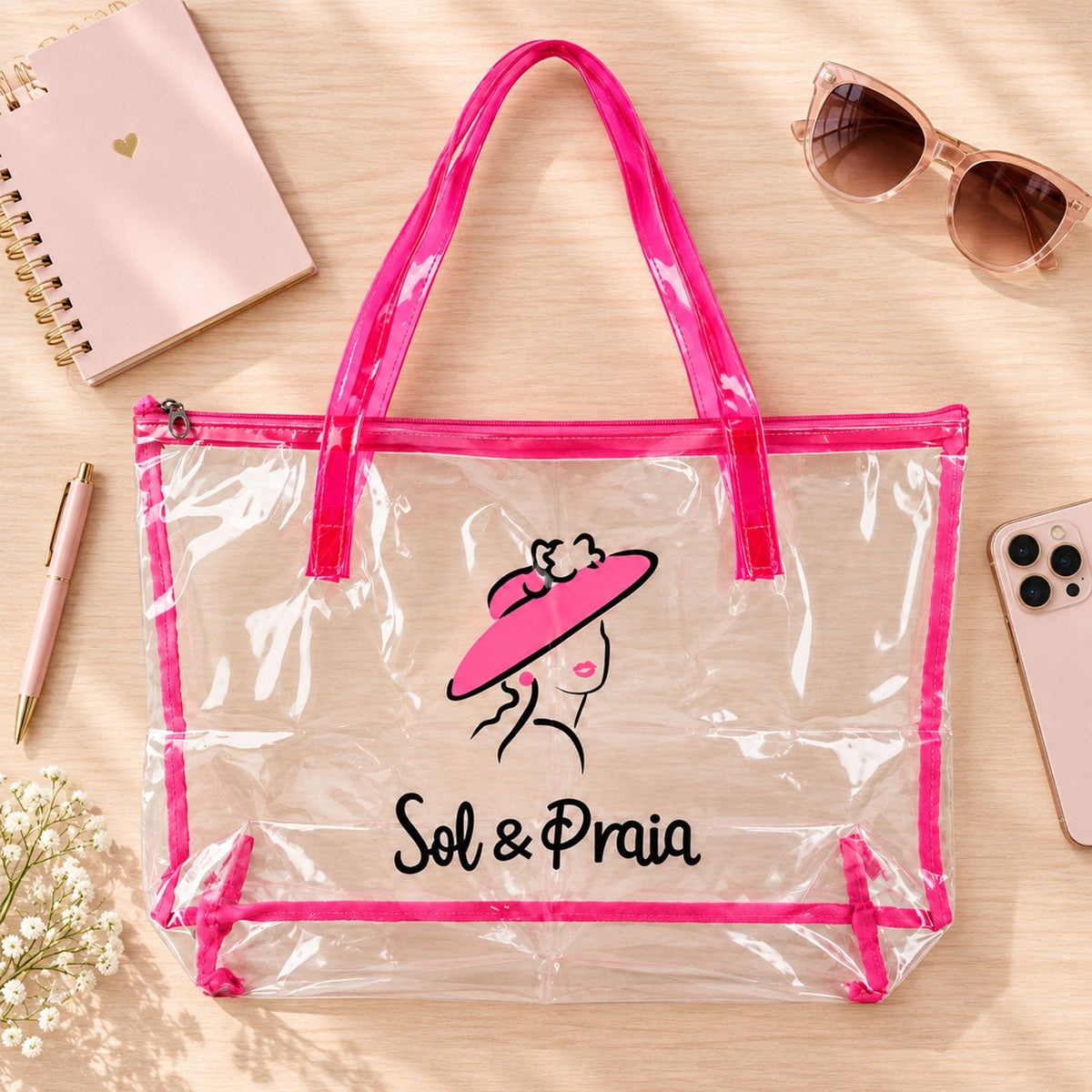 Transparent Travel Tote Carry Bag with Top Zip Closure and Strong Handles
