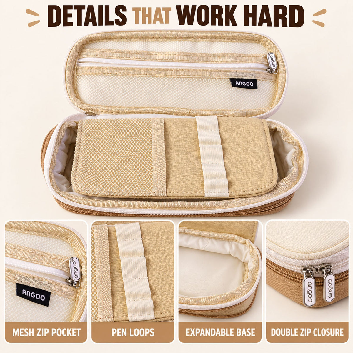 Detailed view of the beige pencil case showing mesh pocket, pen loops, expandable base, and double zipper.