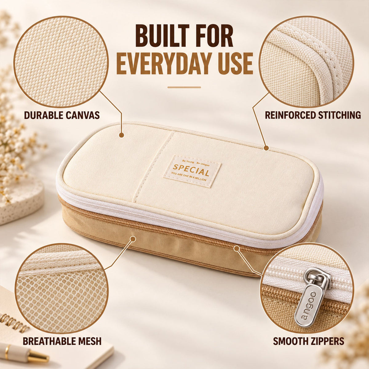 A closed beige canvas pencil case with callouts for durable canvas, reinforced stitching, breathable mesh, and smooth